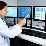 A focused professional Food Sanitation Specialist, fully clothed in a modest lab coat over appropriate business attire, meticulously working in a pristine, high-tech food science laboratory. They are examining samples under a sophisticated microscope, surrounded by modern analytical equipment and digital displays showing scientific data. The scene emphasizes precision and scientific rigor. perfect anatomy, correct proportions, natural pose, well-formed hands, proper finger count, natural body proportions, safe for work, appropriate content, fully clothed, professional, high quality, studio lighting, detailed.