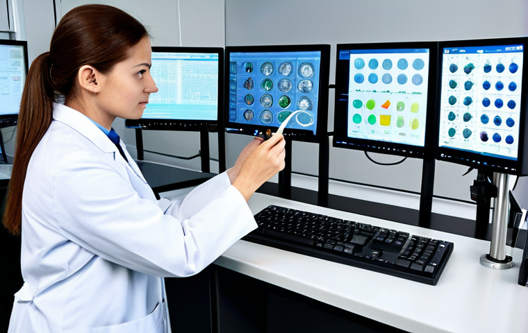 A focused professional Food Sanitation Specialist, fully clothed in a modest lab coat over appropriate business attire, meticulously working in a pristine, high-tech food science laboratory. They are examining samples under a sophisticated microscope, surrounded by modern analytical equipment and digital displays showing scientific data. The scene emphasizes precision and scientific rigor. perfect anatomy, correct proportions, natural pose, well-formed hands, proper finger count, natural body proportions, safe for work, appropriate content, fully clothed, professional, high quality, studio lighting, detailed.
