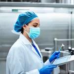 식품위생사 전문성과 연봉 상관관계 - **Prompt:** A highly focused female food hygiene manager, approximately 30 years old, meticulously i...