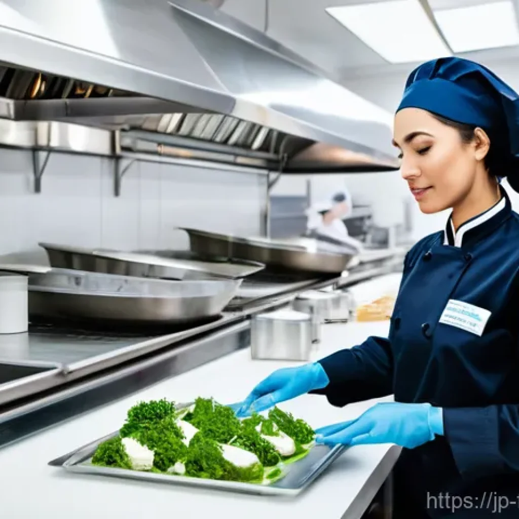 식품위생사 자격증을 위한 단기 집중 학습법 - **Prompt:** A modern, impeccably clean, and brightly lit commercial kitchen. In the foreground, a di...