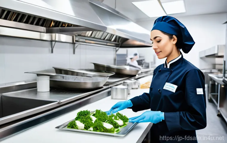 식품위생사 자격증을 위한 단기 집중 학습법 - **Prompt:** A modern, impeccably clean, and brightly lit commercial kitchen. In the foreground, a di...