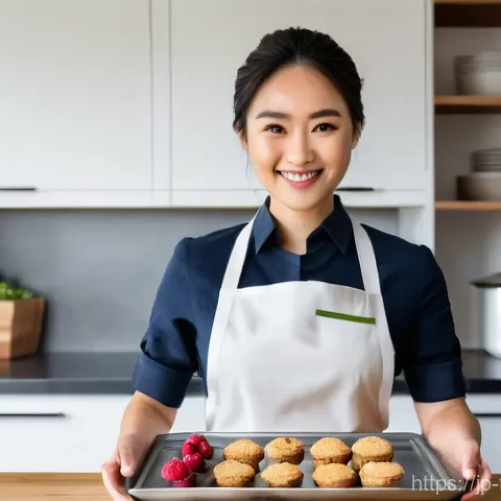 식품위생사 자격증으로 시작하는 프리랜서 - **Freelance Baker in a Professional Home Kitchen**: A radiant Japanese woman in her late 20s, wearin...