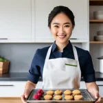 식품위생사 자격증으로 시작하는 프리랜서 - **Freelance Baker in a Professional Home Kitchen**: A radiant Japanese woman in her late 20s, wearin...