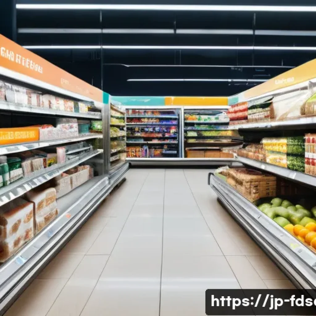 식품위생사 해외 사례 분석 - A modern European Union supermarket interior with detailed food labeling, showing shelves stocked wi...