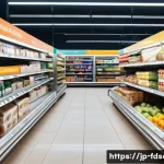 식품위생사 해외 사례 분석 - A modern European Union supermarket interior with detailed food labeling, showing shelves stocked wi...