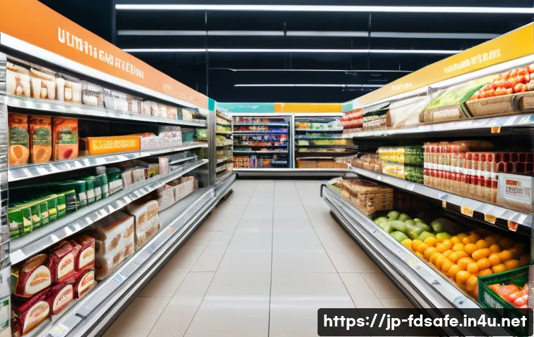 식품위생사 해외 사례 분석 - A modern European Union supermarket interior with detailed food labeling, showing shelves stocked wi...