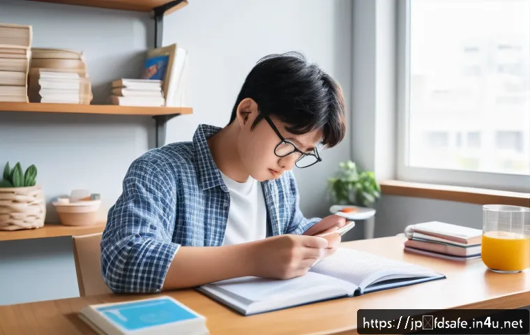 식품위생사 시험 기출문제 정리 - A focused Japanese student studying food hygiene at a clean desk with textbooks, past exam papers, a...