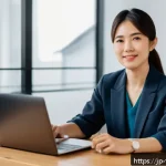 식품위생사 취업 네트워크 활용법 - A modern Japanese food hygiene specialist attending an online seminar at home, sitting at a clean de...