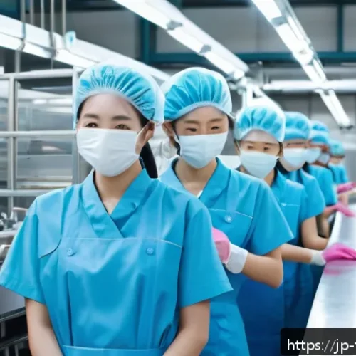 식품위생사 실습 장소 찾기 - A clean and modern Japanese food manufacturing factory interior, showcasing a diverse group of young...