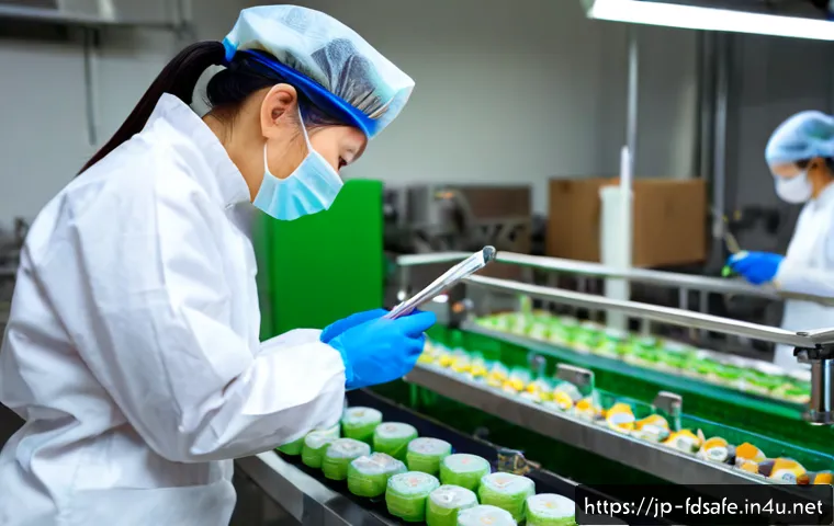 식품위생사와 식품위생 관리 차이점 - Photorealistic Japanese food hygiene inspector in clean white protective clothing, hairnet, face mas...